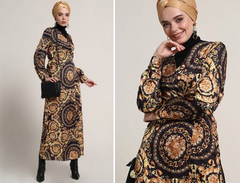 Refka Siyah Sarı Desenli Anvelop Elbise