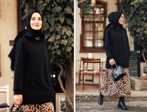 Suud Collection Leopar Desen Elbise ve Siyah Sweatshirt