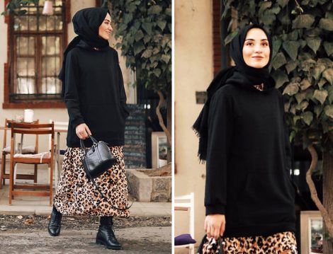 Suud Collection Leopar Elbise ve Siyah Sweatshirt Modeli