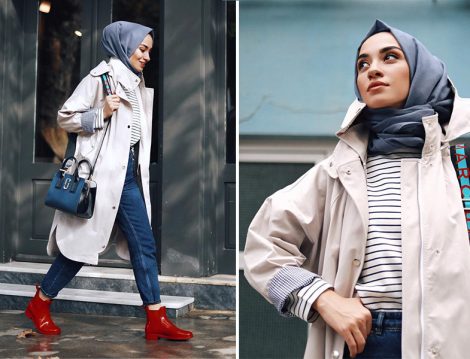 Çizgili Basic Tişört ve Yağmurluk Kombini