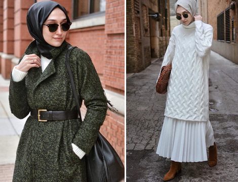 Beyaz piliseli Etek- Beyaz Triko Tunik ve Kaban Kombinleri