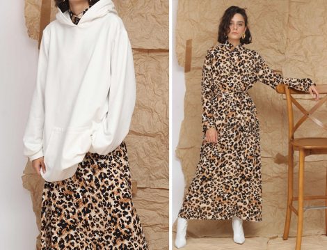 Leopar Desenli Elbise ve Beyaz Sweatshirt