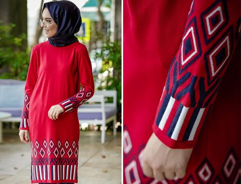 İnşirah Kırmızı Desenli Triko Tunik