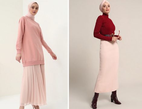 Pembe Tonlarında Piliseli ve Triko Etek