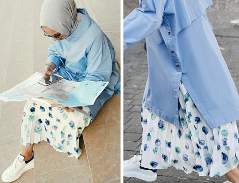 Cloche Mavi Tunik - Çiçekli Etek 
