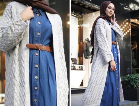 Denim Elbise ve Uzun Hırka Kombini