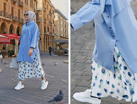 Mavi Tunik - Beyaz Desenli Etek Kombini