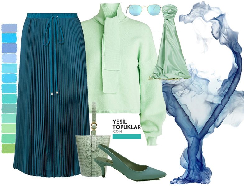 Mint Bluz & Petrol Mavisi Pileli Etek