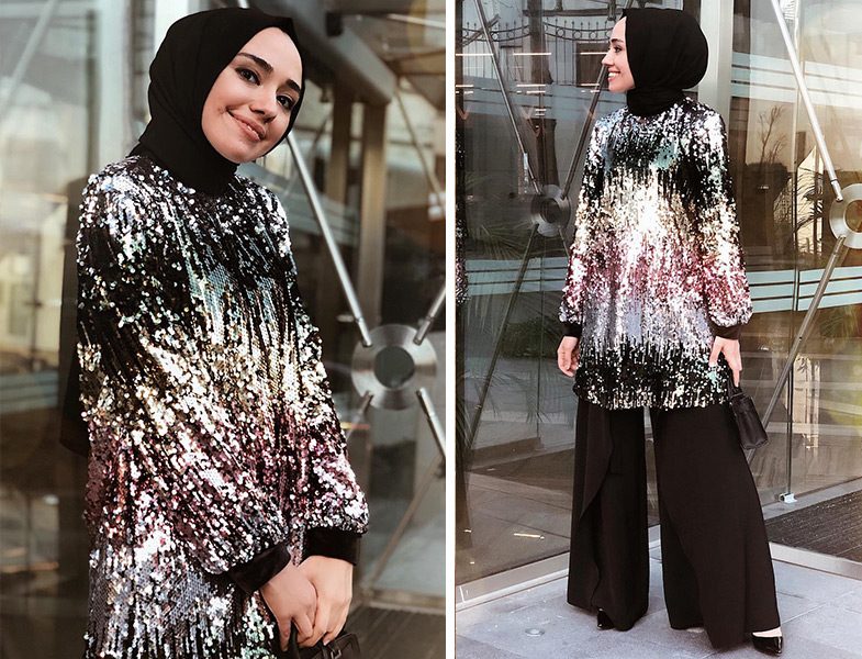 Mizalle Payetli Tunik - Pantolon Takım