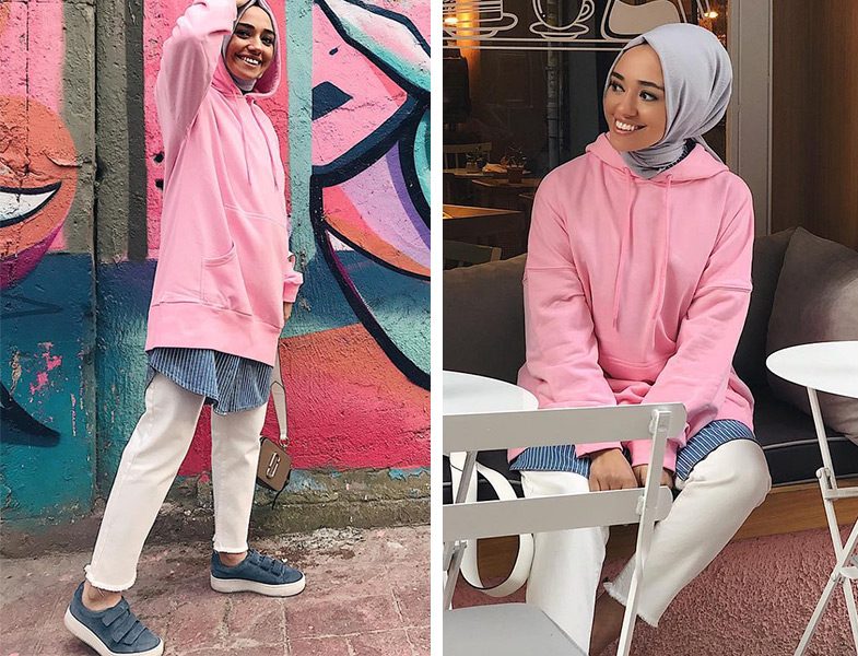 Pembe Kapüşonlu Sweatshirt - Beyaz Pantolon Kombini