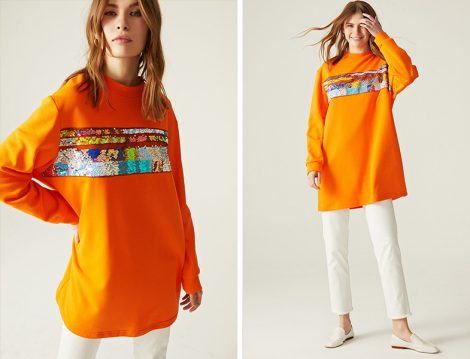 Touche 2019 Turuncu Payetli Sweatshirt