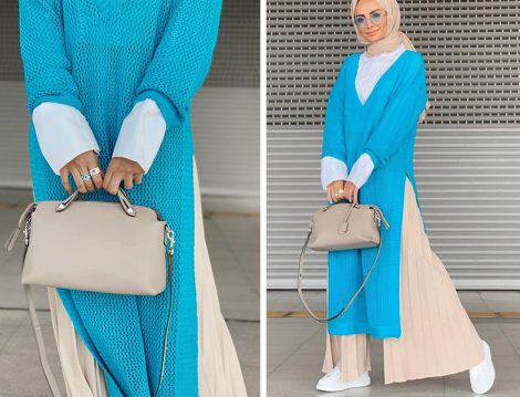 Touche Mavi File Tunik-Piliseli Bol Pantolon