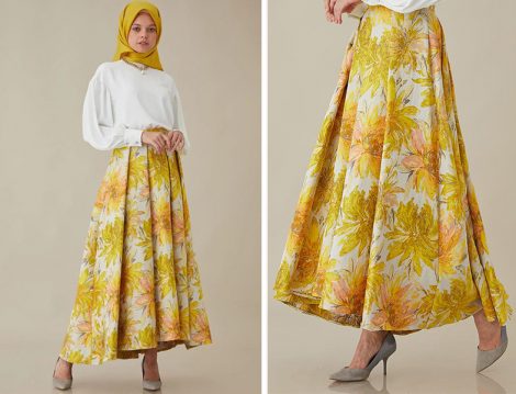 Kayra Floral Desenli Pileli Kloş Etek,
