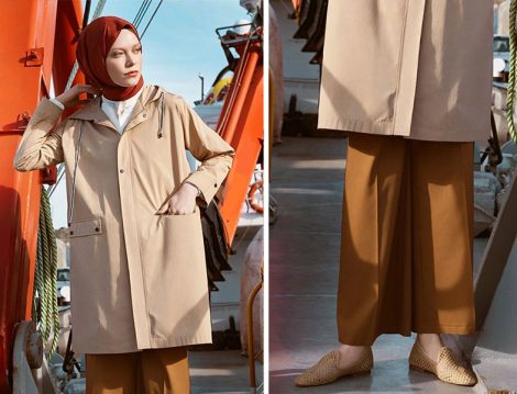 Nihan Camel Düşük Kol Kapüşonlu Trençkot