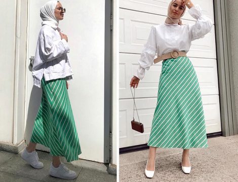 Touche Yeşil Verev Çizgili Etek