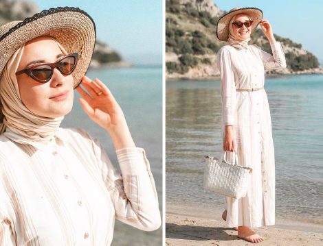 Bej Çizgili Elbise İle Tesettür Sahil Kombinleri