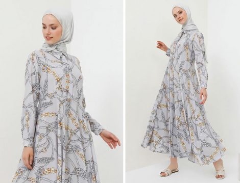 Benin Gri Gizli Düğme Detaylı Zincir Desenli Elbise