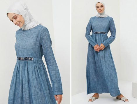 Benin İndigo Doğal Kumaşlı Keten Görünümlü Elbise
