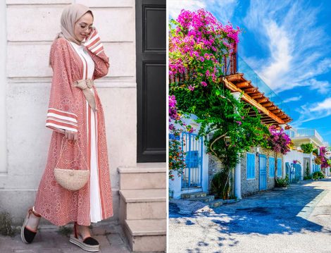 Desenli Kimono ve Beyaz Uzun Etek Kombinleri
