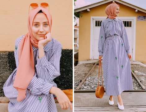 Fahhar Design Kaktüs Desen Detaylı Çizgili Elbise