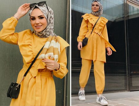 Sarı Fırfır Detaylı Tunik-Pantolon İkili Takım Kombinleri