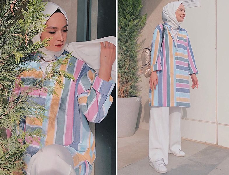 Çizgili Tunik ve Bol Pantolonlarla Tesettür Sahil Kombinleri
