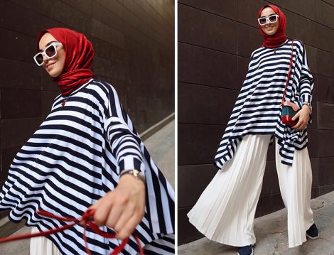 Çizgili Salaş Tunik ve Piliseli Bol Pantolon Kombini
