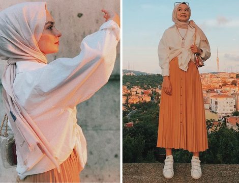 Önden Düğmeli Uzun Etek ve Beyaz Gömlek Kombini