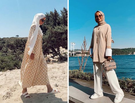Bej-Beyaz Tunik-Pantolon ve Puantiyeli Elbise