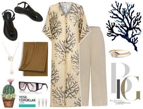 Bej Tesettür Kaftan Kombini