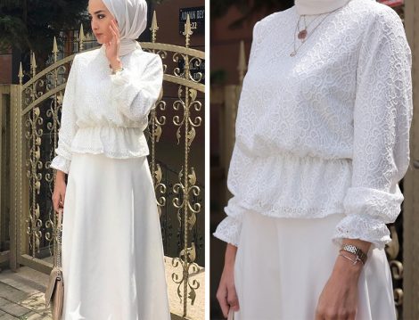 Dilara Nazan Ertan Güpür Crop Bluz Kloş Etek Takım