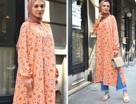 Hooopstore Turuncu Çiçekli Maksi Boy Tunik