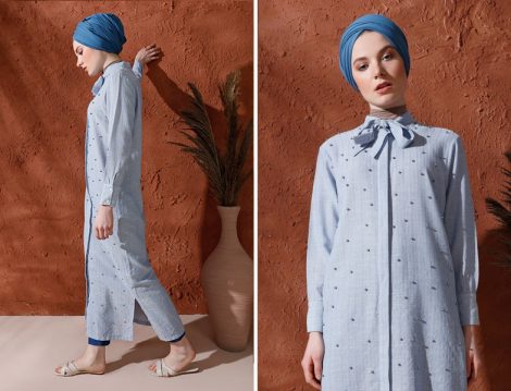Mnatural Açık Mavi İncili Boydan Düğmeli Elbise