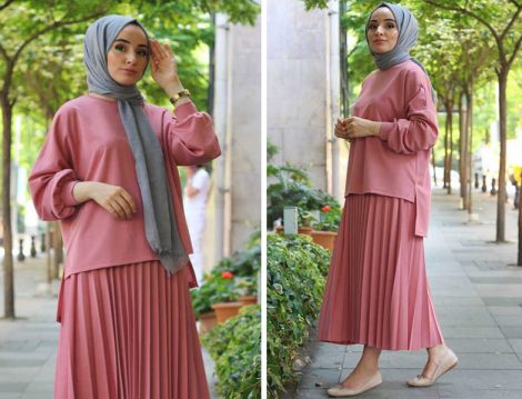 Moda Bahar Gül Kurusu Pliseli Etekli Tesettür Takım