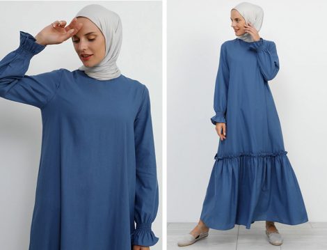 Refka Volanlı Pamuklu Mavi Elbise