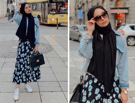 Çiçek Desenli Uzun Etek ve Denim Ceket Kombini
