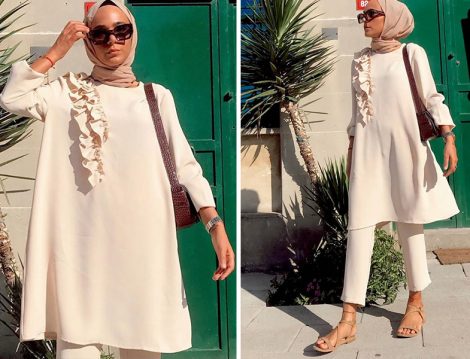 Aida Üstün Tasarımı Fırfır Detaylı Bej Tunik Takım
