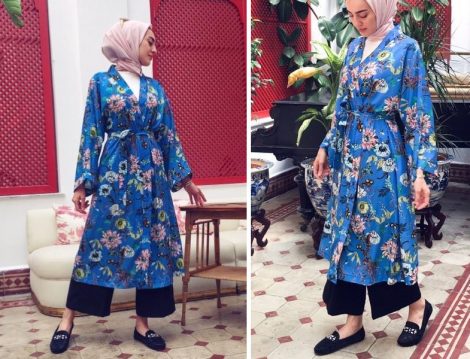 BRTCdesign Mavi Çiçekli Kimono