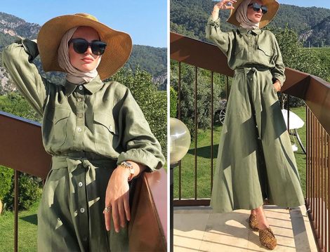 Hülya İnce Yeşil Keten Elbise
