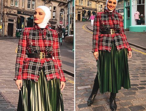 Dalal AlDoub Zara Ekose Ceket ve Piliseli Etek Kombini