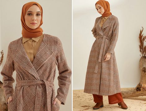 Mnatural Kiremit Gizli Cep Detaylı Ekoseli Kaban