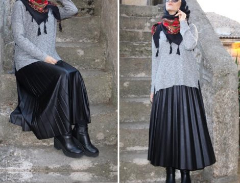 Modelif Pliseli Deri Etek