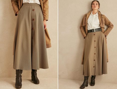 Qooq Store Önden Düğmeli Ekose Desen Kloş Etek