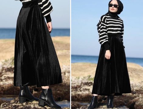 Semen Design Siyah Kadife Plise Etek