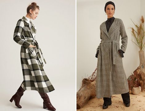Muni Muni Ekru Yeşil Doğal Kumaşlı Uzun Kaban - Mnatural Yeşil Gizli Cep Detaylı Ekoseli Kaban