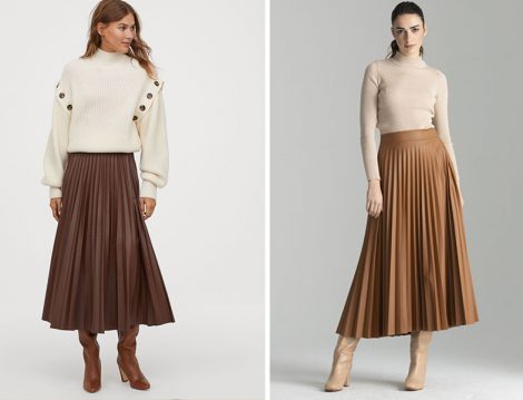 H&M Kahve Deri Etek - Kadriye Baştürk Pliseli Deri Etek