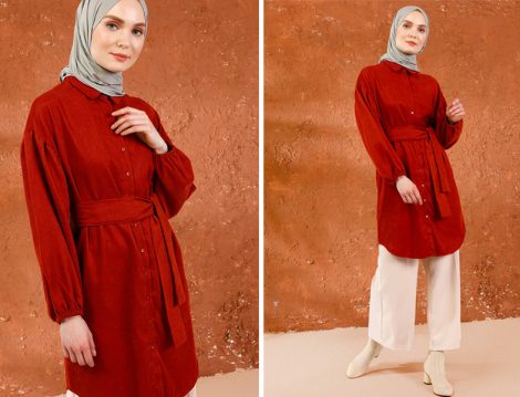 Mnatural Kiremit Düğmeli Kadife Tunik
