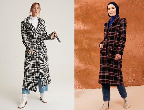  Muni Muni Siyah Beyaz Doğal Kumaşlı Uzun Kaban - Mnatural Bordo Çift Cepli Kaban