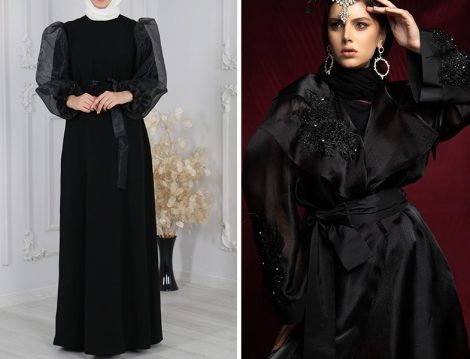 Sahranur Siyah Kolu Organze Tüllü Abiye Elbise - Al Sheikha Siyah Organze Kaftan Ferace