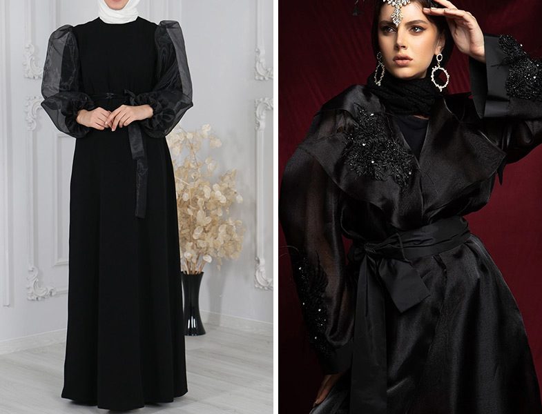 Sahranur Siyah Kolu Organze Tüllü Abiye Elbise - Al Sheikha Siyah Organze Kaftan Ferace